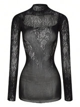 SHEIN ChaseTheNight فستان أسود ضيق بأكمام طويلة شبه شفاف