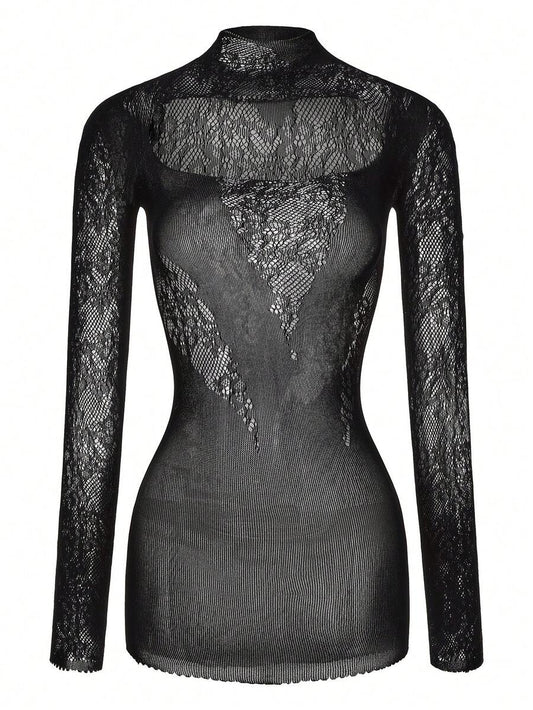 SHEIN ChaseTheNight فستان أسود ضيق بأكمام طويلة شبه شفاف