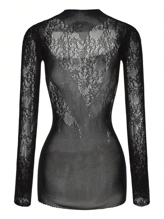SHEIN ChaseTheNight فستان أسود ضيق بأكمام طويلة شبه شفاف