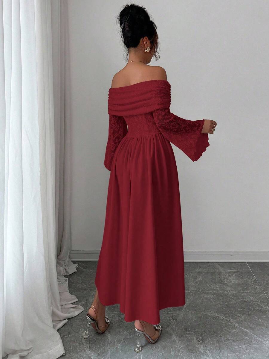 SHEIN Modelyn فستان أحمر بأكمام طويلة مكشوف الكتف من الكروشيه والدانتيل