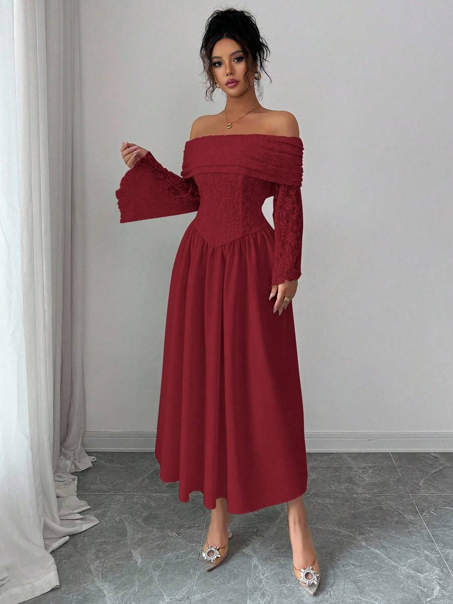 SHEIN Modelyn فستان أحمر بأكمام طويلة مكشوف الكتف من الكروشيه والدانتيل
