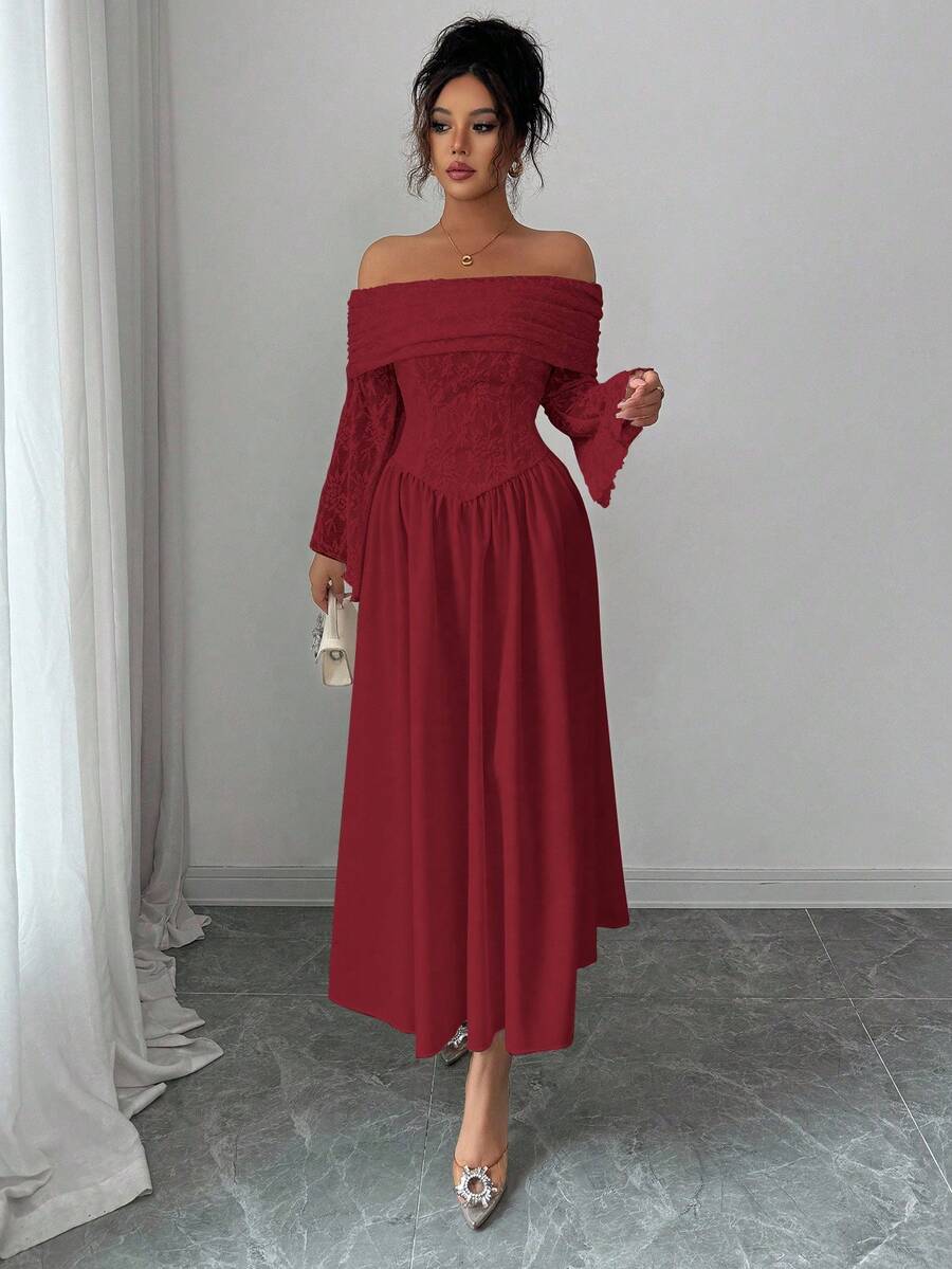 SHEIN Modelyn فستان أحمر بأكمام طويلة مكشوف الكتف من الكروشيه والدانتيل