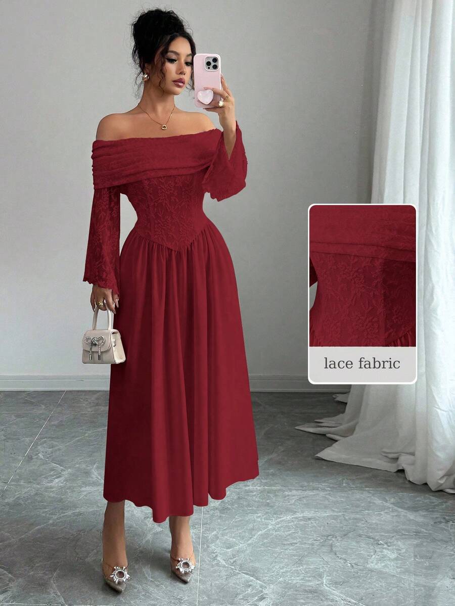 SHEIN Modelyn فستان أحمر بأكمام طويلة مكشوف الكتف من الكروشيه والدانتيل