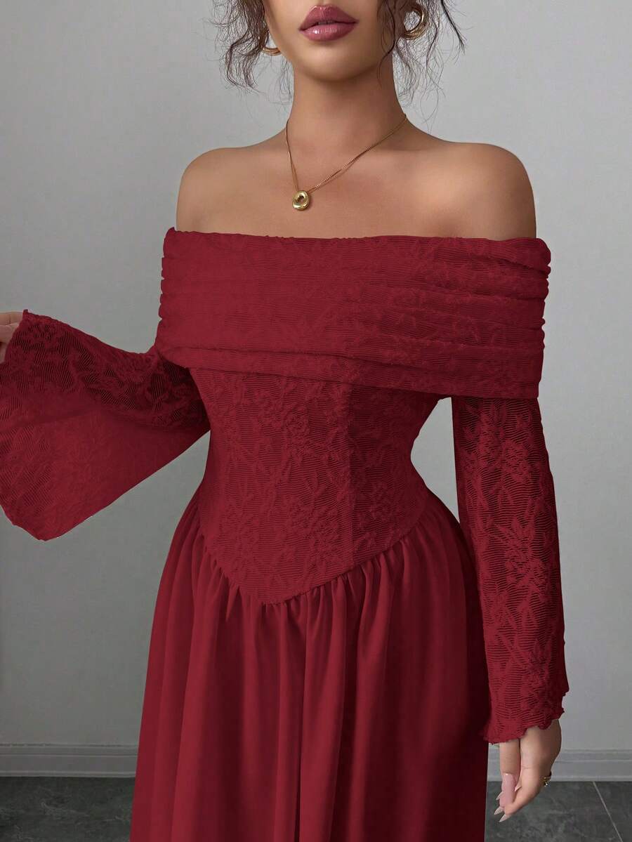SHEIN Modelyn فستان أحمر بأكمام طويلة مكشوف الكتف من الكروشيه والدانتيل
