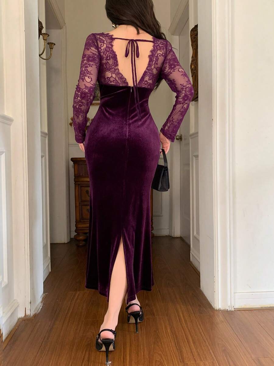 SHEIN DAZY فستان أرجواني متوسط الطول مبطن ومزين بالدانتيل والرقعة