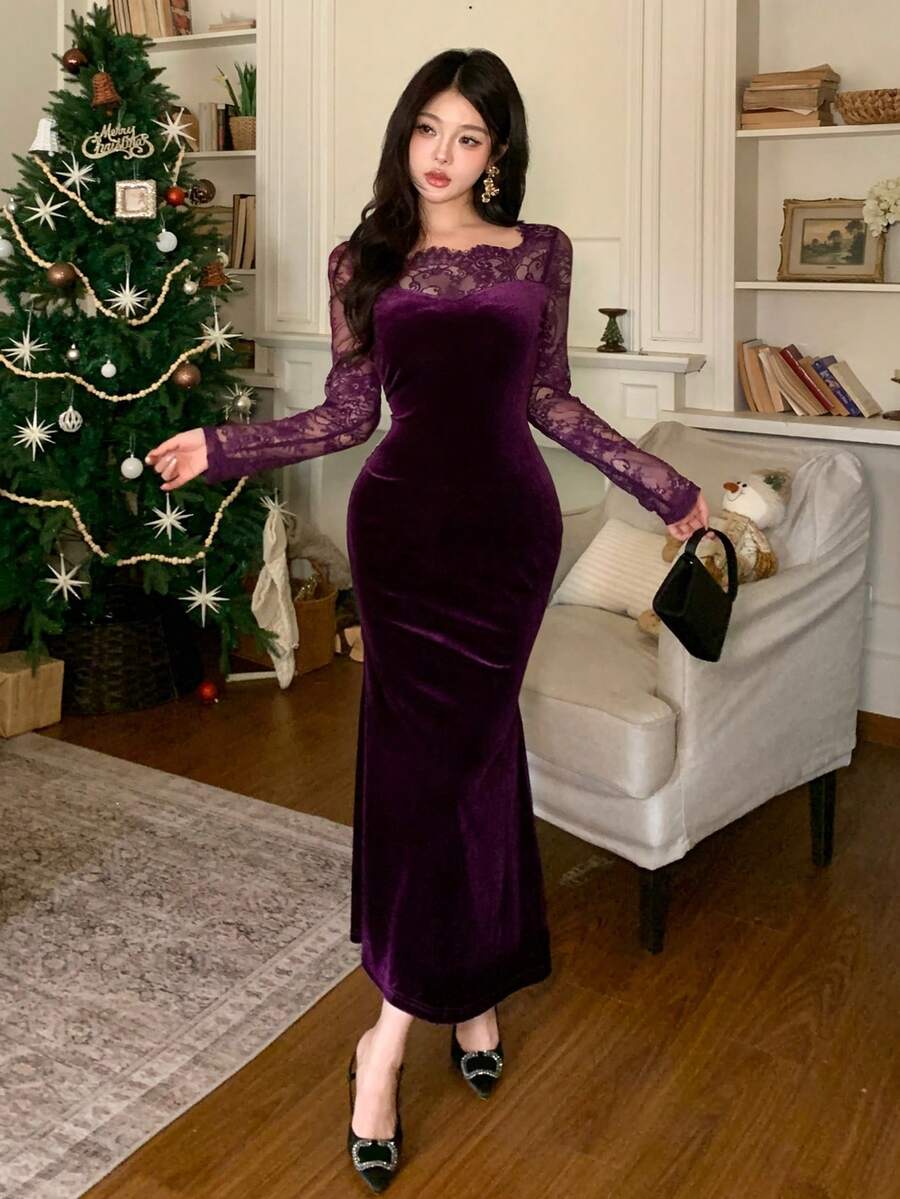 SHEIN DAZY فستان أرجواني متوسط الطول مبطن ومزين بالدانتيل والرقعة