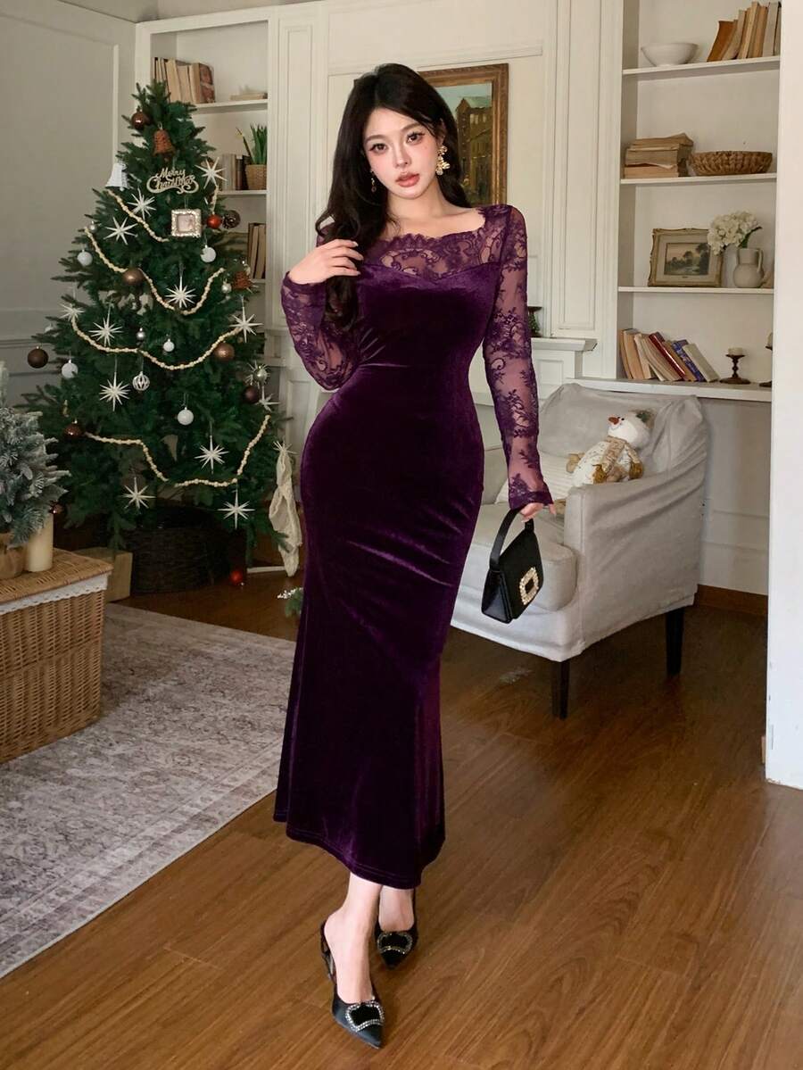 SHEIN DAZY فستان أرجواني متوسط الطول مبطن ومزين بالدانتيل والرقعة
