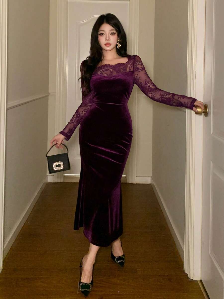 SHEIN DAZY فستان أرجواني متوسط الطول مبطن ومزين بالدانتيل والرقعة
