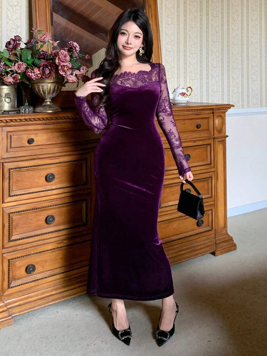 SHEIN DAZY فستان أرجواني متوسط الطول مبطن ومزين بالدانتيل والرقعة