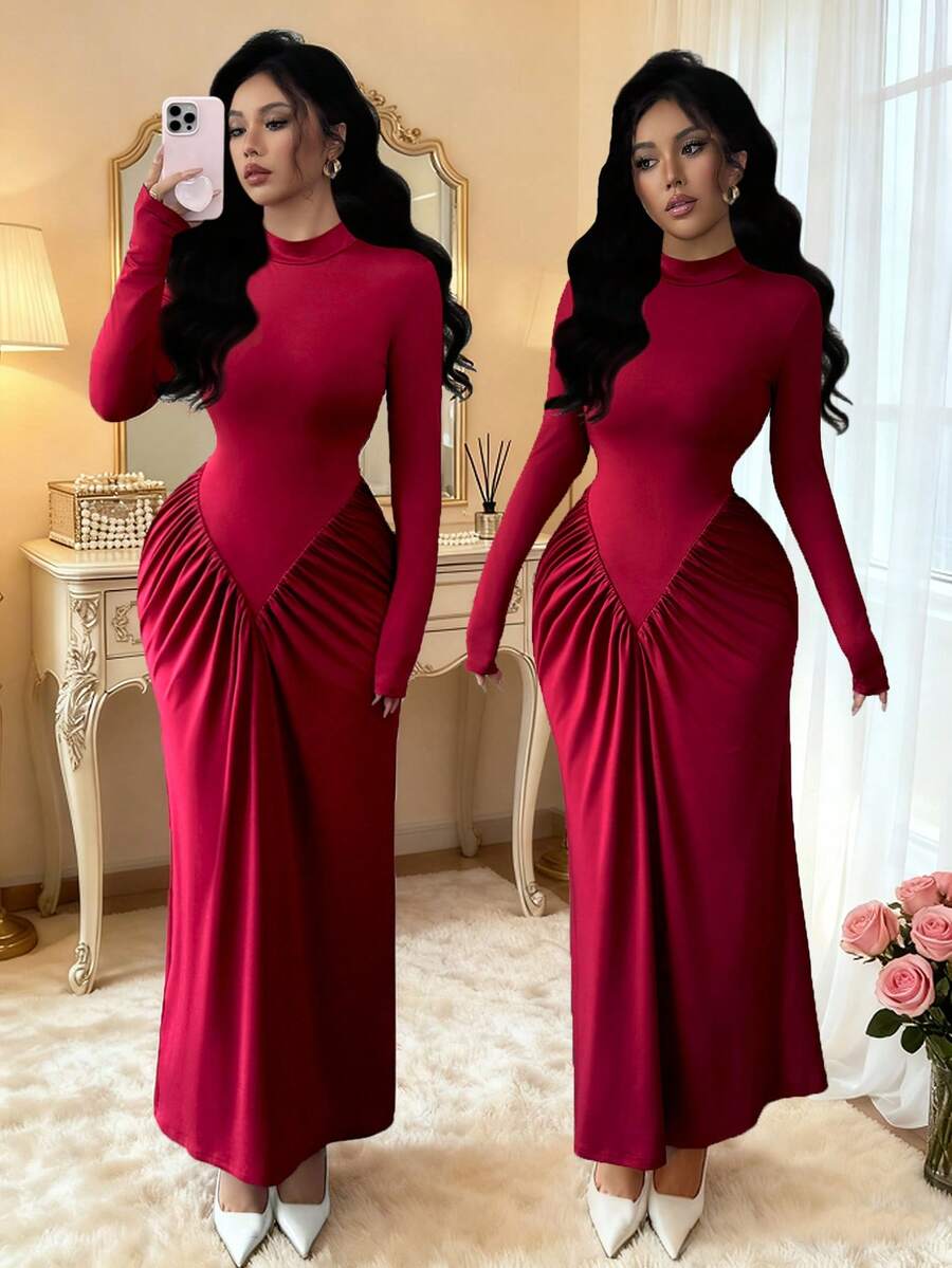 SHEIN Elenzya فستان كوكتيل ضيق بياقة عالية مطوية