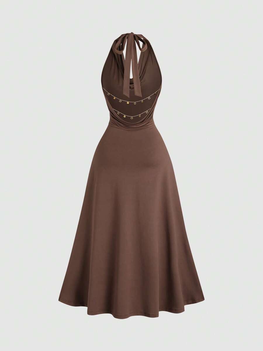 SHEIN Sweetra فستان طويل بظهر مكشوف وربطة عنق وسلسلة زخرفية