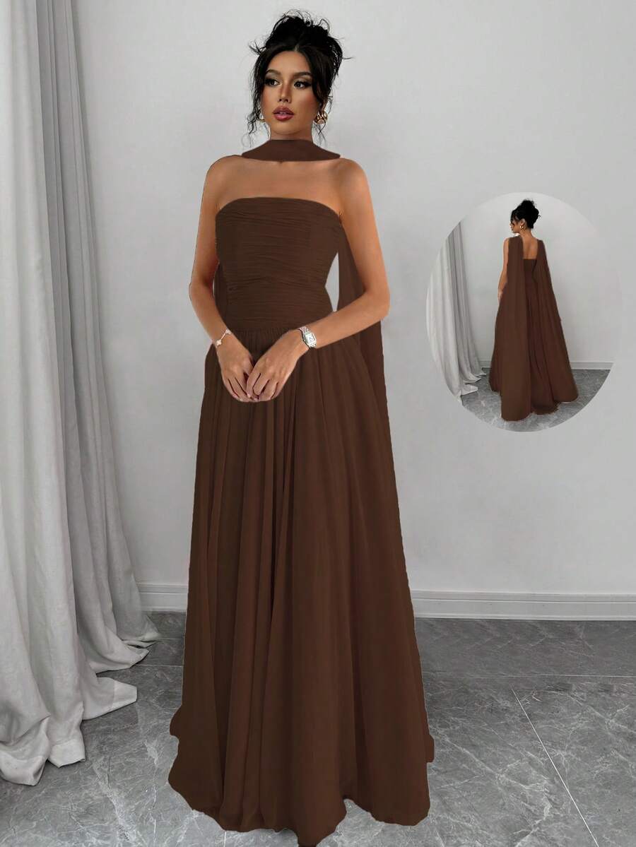 SHEIN Elenzga فستان ماكسي بدون أكمام بتفاصيل منقوشة وكتف مكشوف