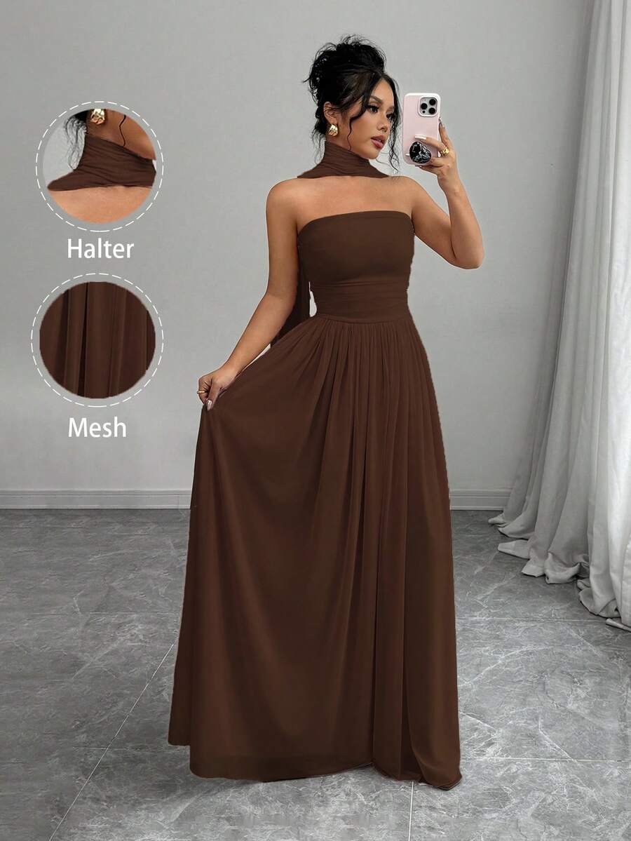 SHEIN Elenzga فستان ماكسي بدون أكمام بتفاصيل منقوشة وكتف مكشوف