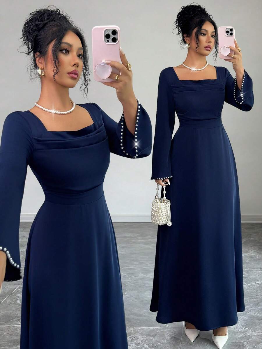 SHEIN Elenzga فستان حفلة أزرق بأكمام طويلة وخصر مشدود