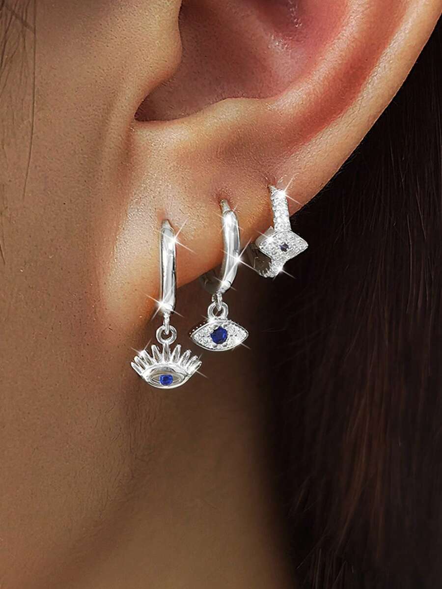 SHEIN طقم 3 أقراط حلقة عين شريرة ذهبية عيار 18 قيراط ستانلس ستيل صغيرة