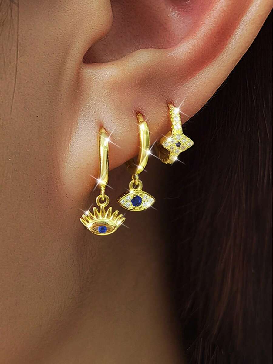 SHEIN طقم 3 أقراط حلقة عين شريرة ذهبية عيار 18 قيراط ستانلس ستيل صغيرة