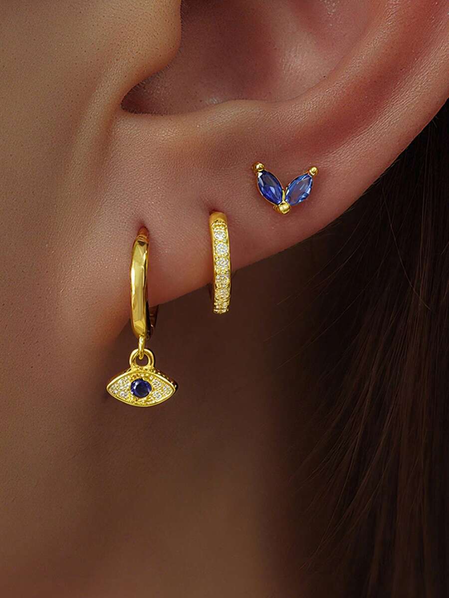 SHEIN طقم 3 أقراط حلقة عين شريرة ذهبية عيار 18 قيراط ستانلس ستيل صغيرة