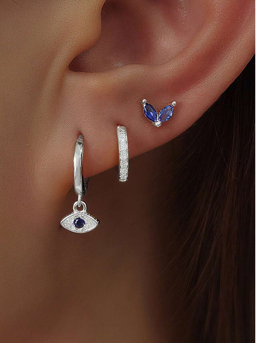 SHEIN طقم 3 أقراط حلقة عين شريرة ذهبية عيار 18 قيراط ستانلس ستيل صغيرة