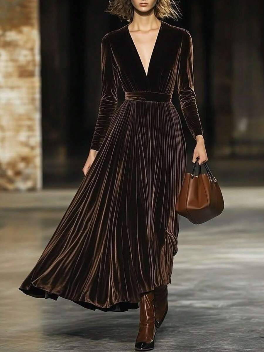SHEIN ii فستان بلون بني بأكمام طويلة وياقة عميقة وذيل مطوي