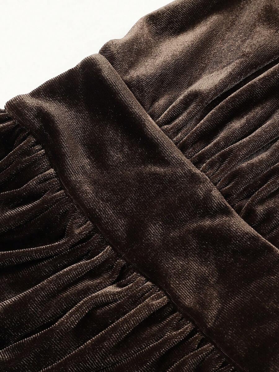 SHEIN ii فستان بلون بني بأكمام طويلة وياقة عميقة وذيل مطوي