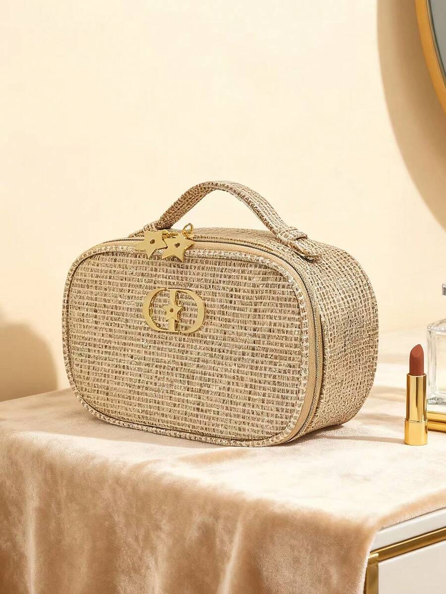 Dior حقيبة تخزين مكياج قماشية ذهبية بسحاب