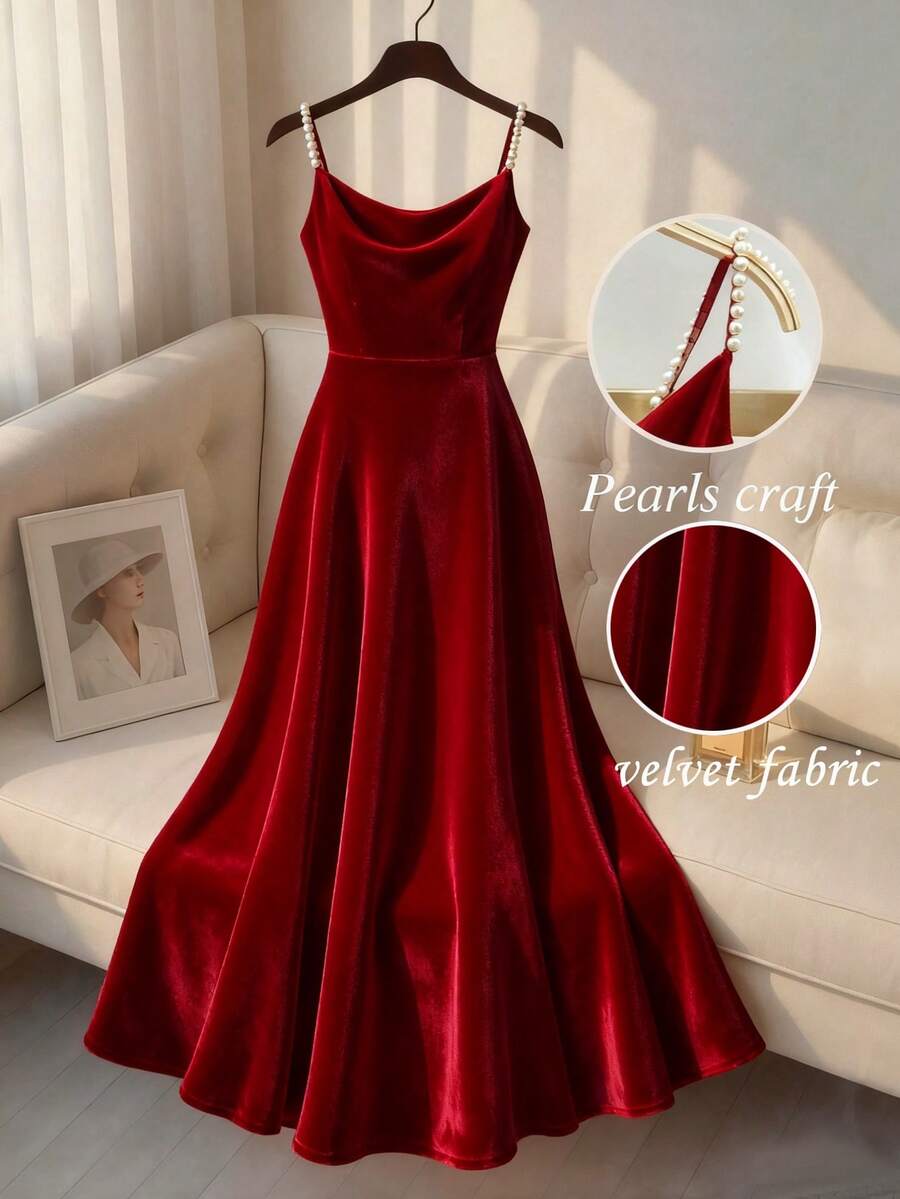 SHEIN Franclia فستان عنابي أنيق بحزام لؤلؤ