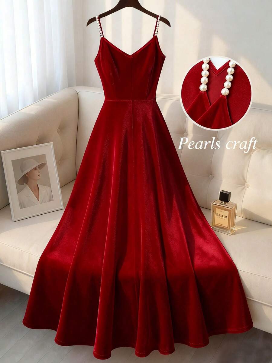 SHEIN Franclia فستان عنابي أنيق بحزام لؤلؤ