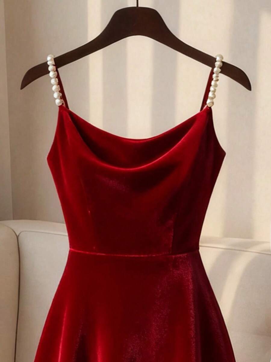 SHEIN Franclia فستان عنابي أنيق بحزام لؤلؤ
