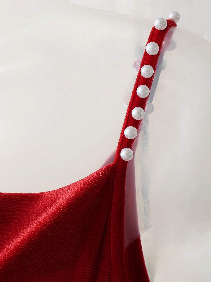 SHEIN Franclia فستان عنابي أنيق بحزام لؤلؤ