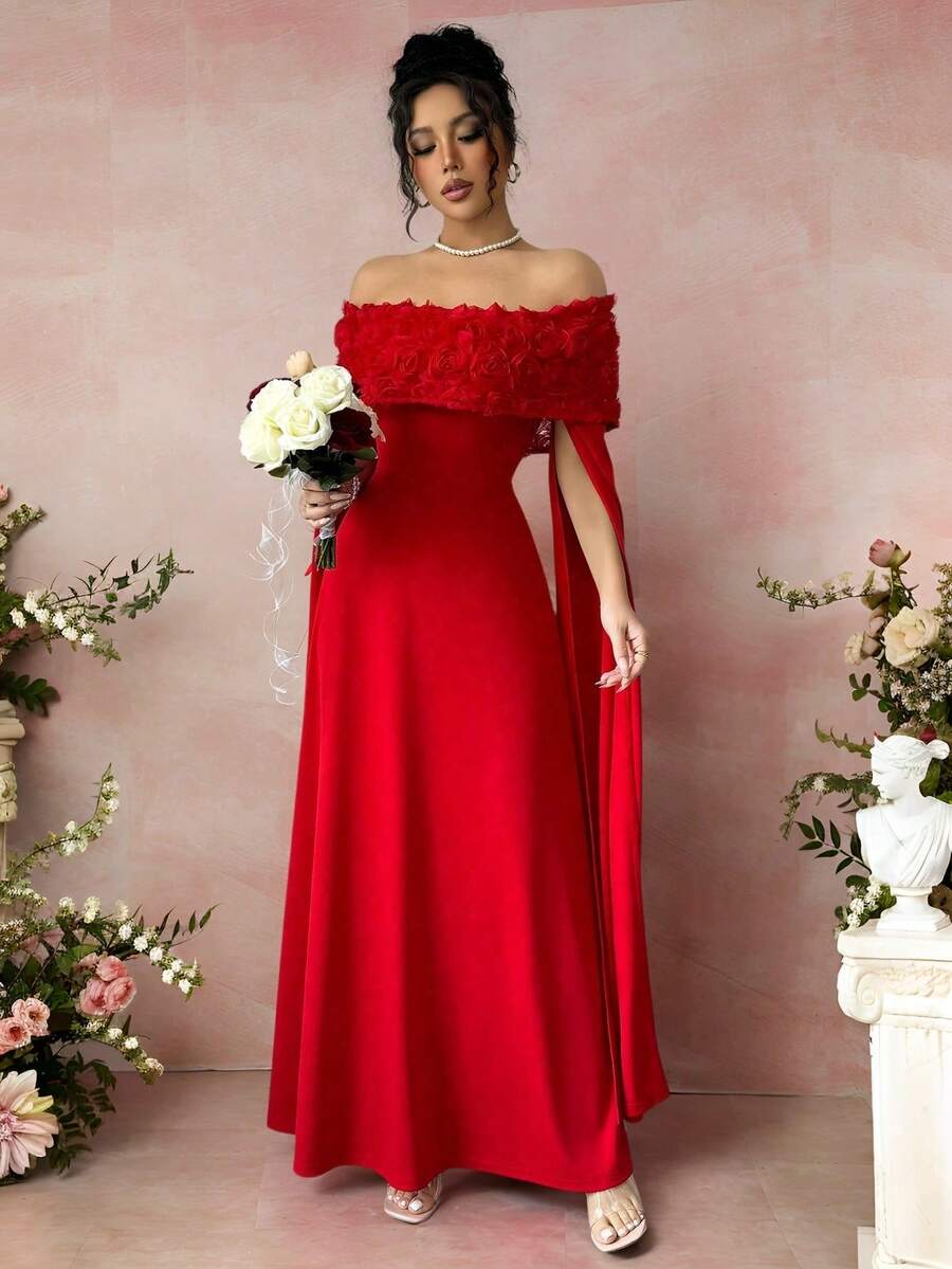 SHEIN Rafferiza فستان احمر بكتف منحرف وزخارف زهرية