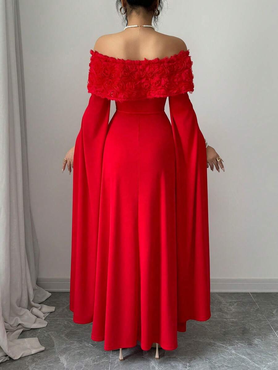 SHEIN Rafferiza فستان احمر بكتف منحرف وزخارف زهرية