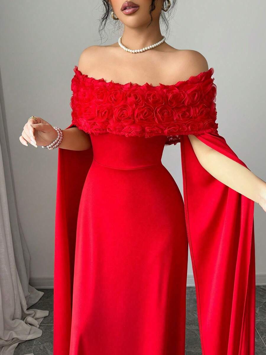 SHEIN Rafferiza فستان احمر بكتف منحرف وزخارف زهرية