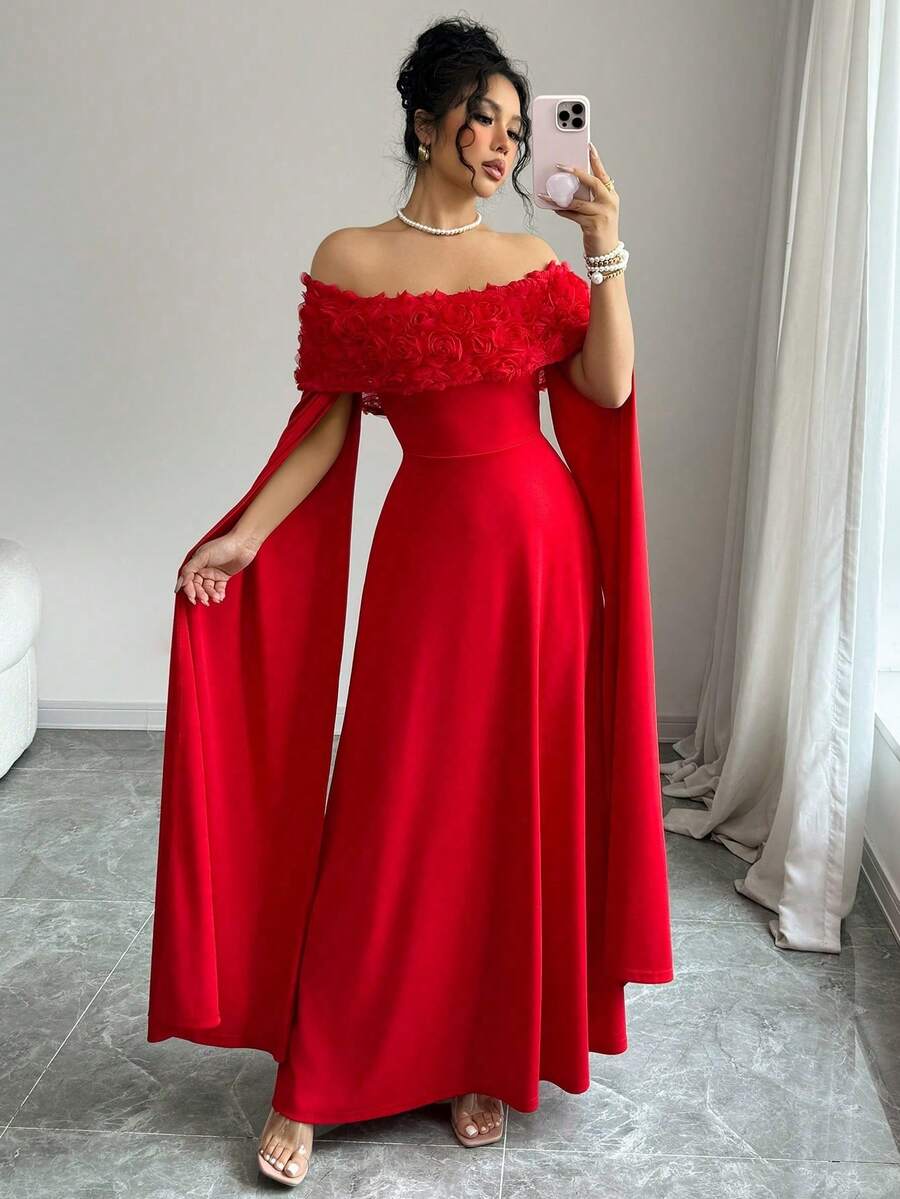 SHEIN Rafferiza فستان احمر بكتف منحرف وزخارف زهرية