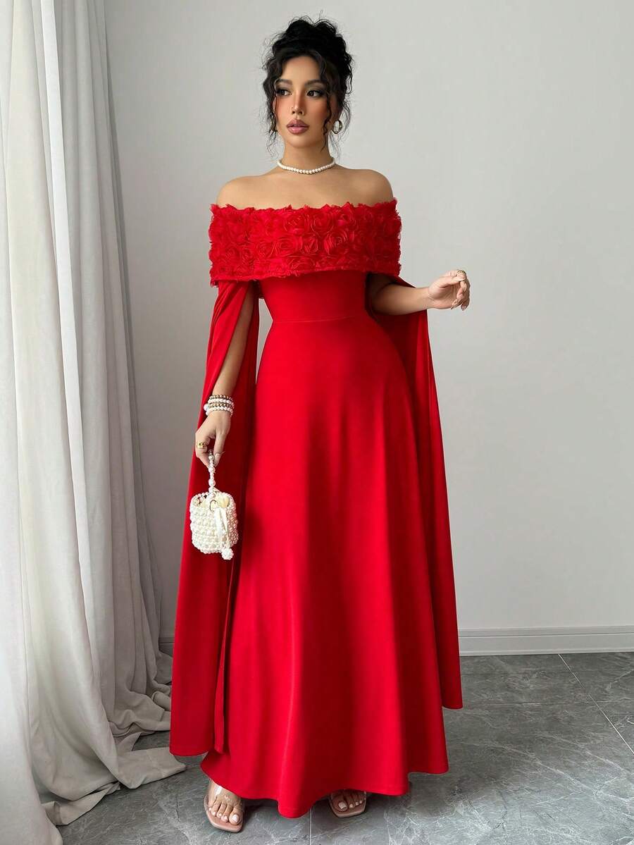 SHEIN Rafferiza فستان احمر بكتف منحرف وزخارف زهرية