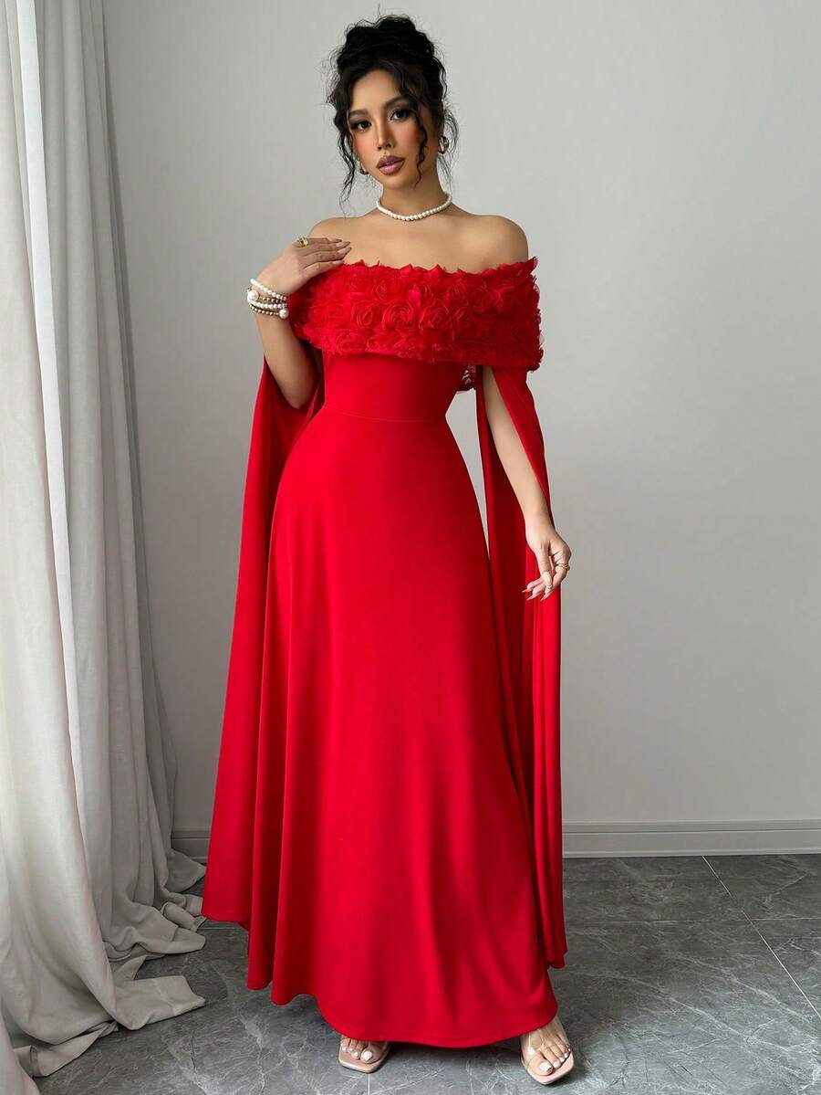 SHEIN Rafferiza فستان احمر بكتف منحرف وزخارف زهرية