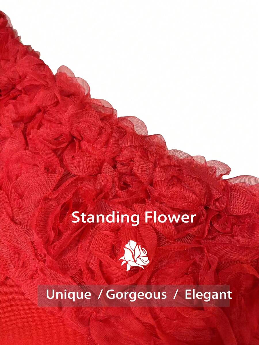 SHEIN Rafferiza فستان احمر بكتف منحرف وزخارف زهرية