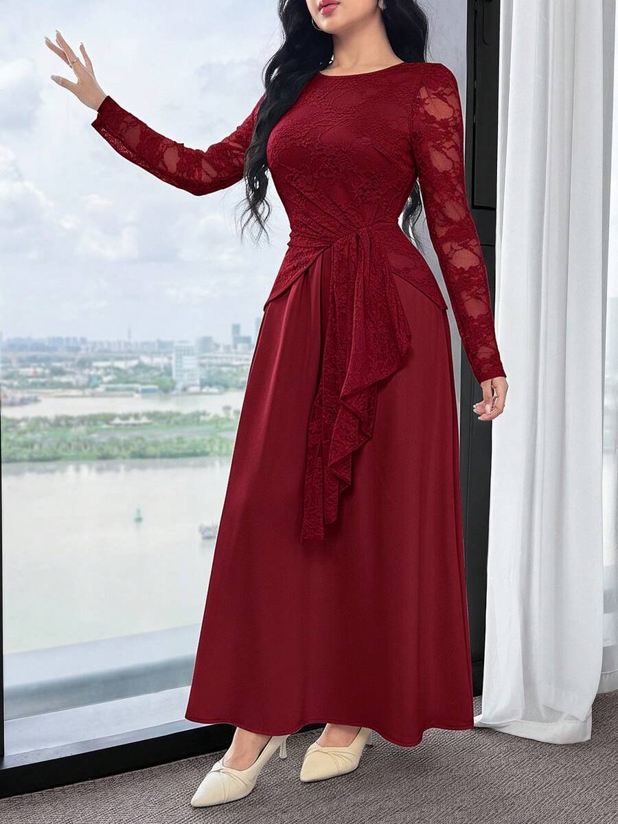 SHEIN فستان حفلات أنيق من الدانتيل بتصميم رقعي