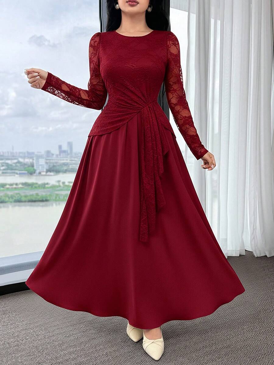 SHEIN فستان حفلات أنيق من الدانتيل بتصميم رقعي