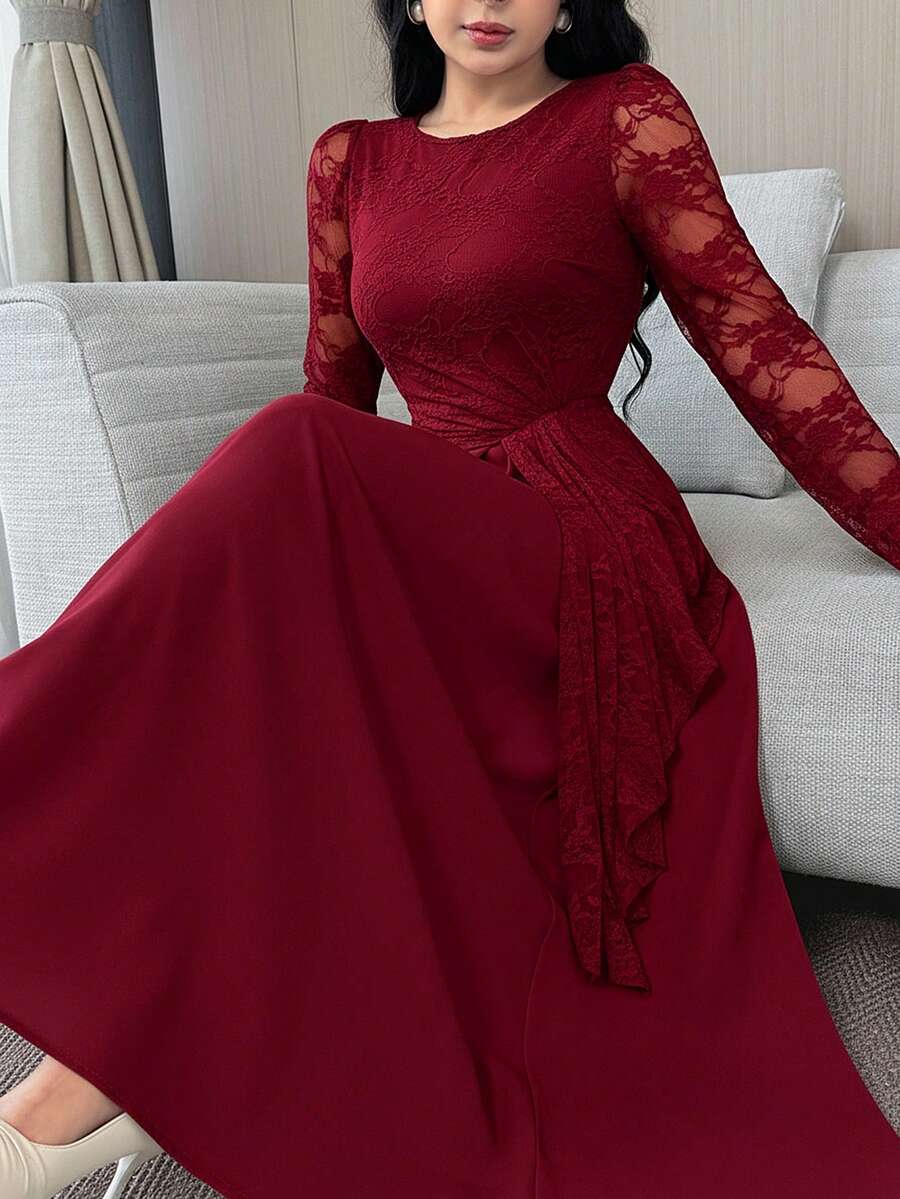 SHEIN فستان حفلات أنيق من الدانتيل بتصميم رقعي