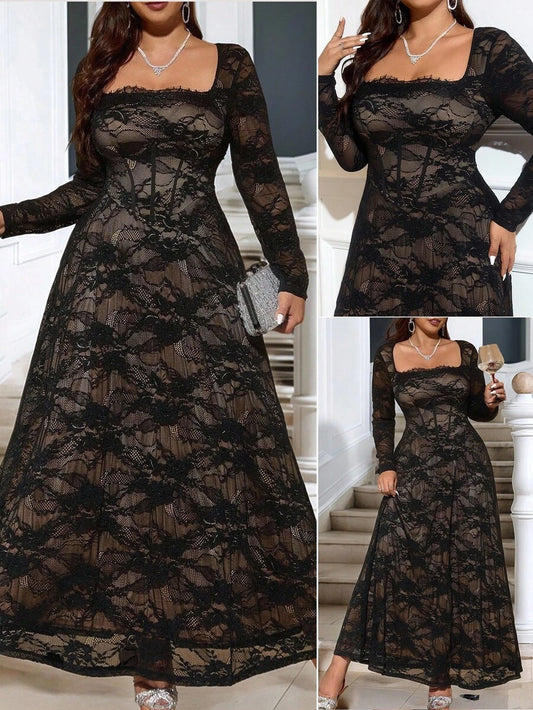 SHEIN Reflora فستان سهرة طويل أسود للمقاسات الكبيرة من الدانتيل بياقة مربعة
