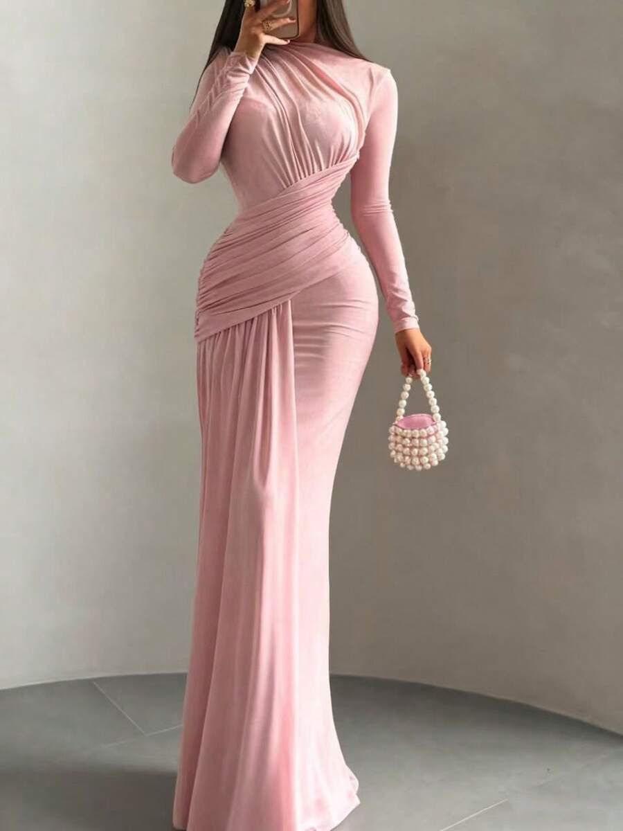 SHEIN فستان ماكسي وردي بكشكشة وأكمام طويلة وياقة دائرية