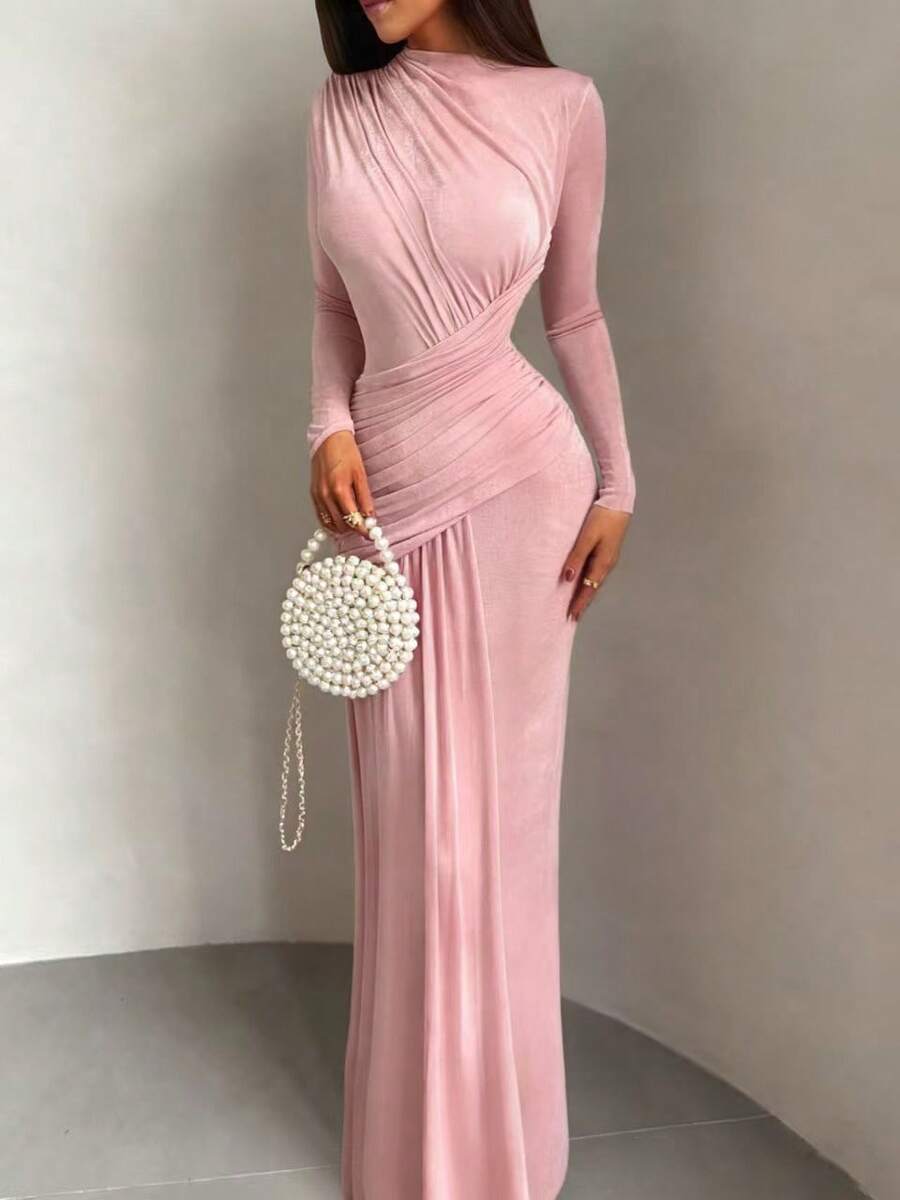SHEIN فستان ماكسي وردي بكشكشة وأكمام طويلة وياقة دائرية