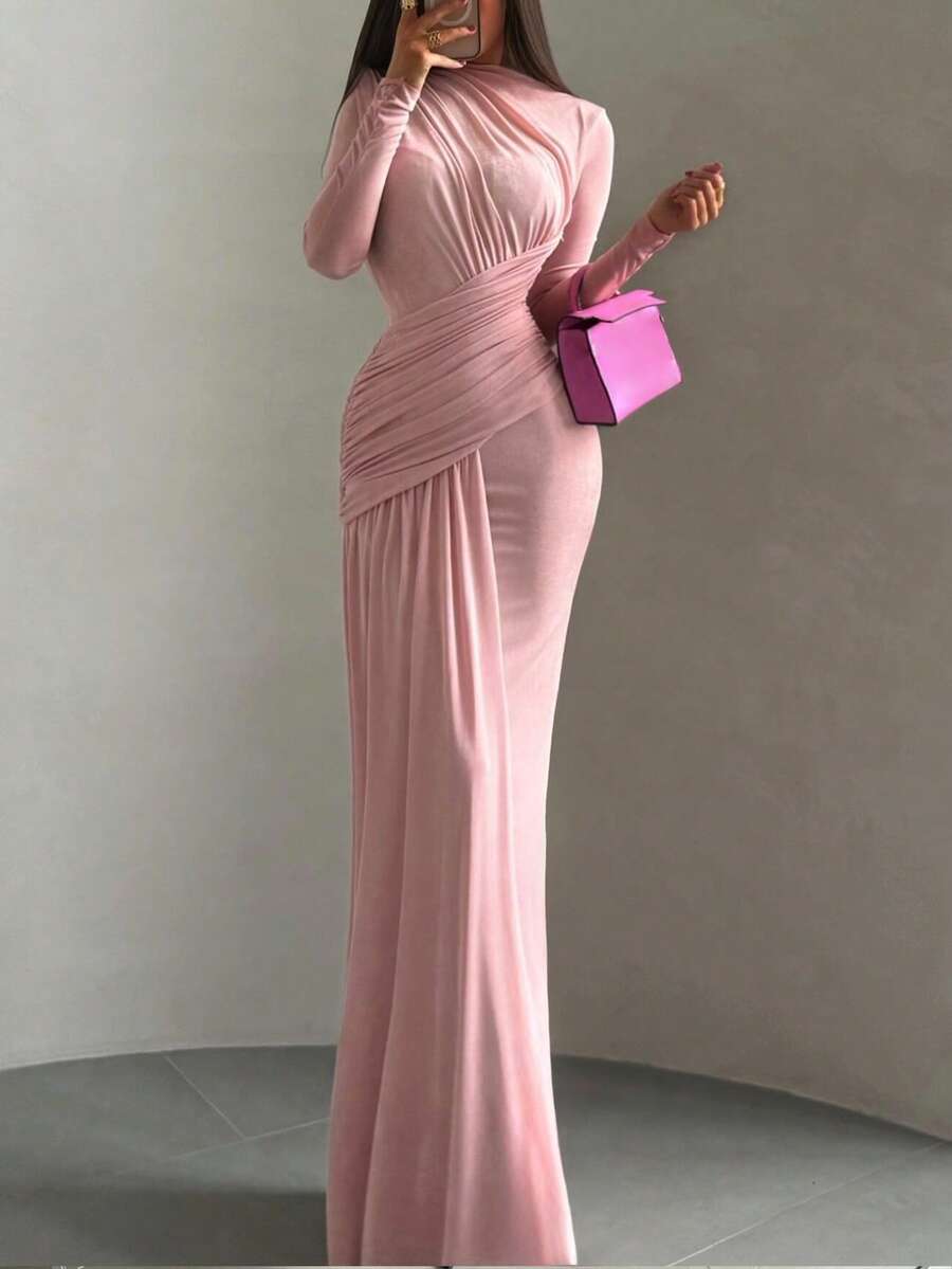 SHEIN فستان ماكسي وردي بكشكشة وأكمام طويلة وياقة دائرية