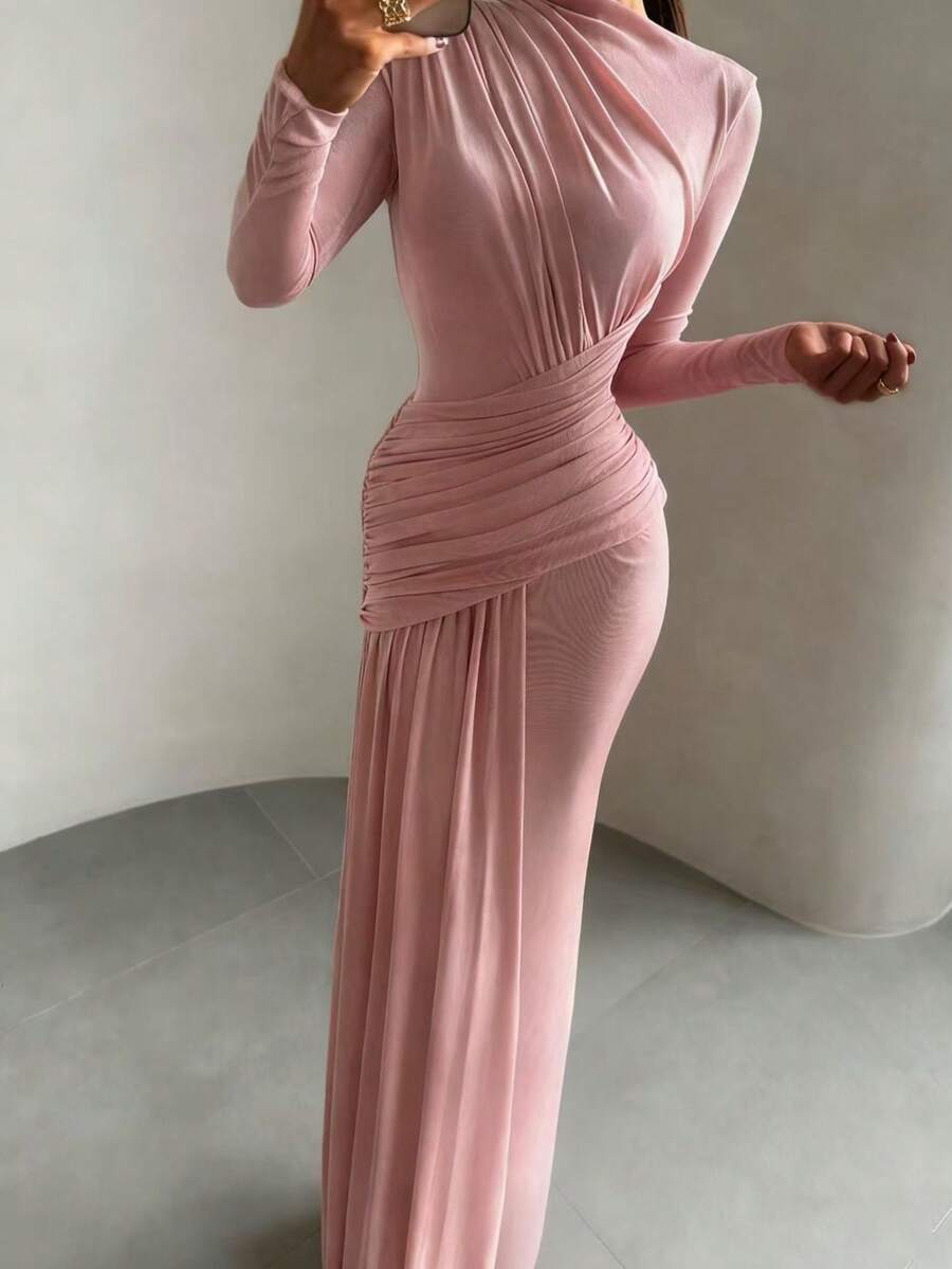 SHEIN فستان ماكسي وردي بكشكشة وأكمام طويلة وياقة دائرية