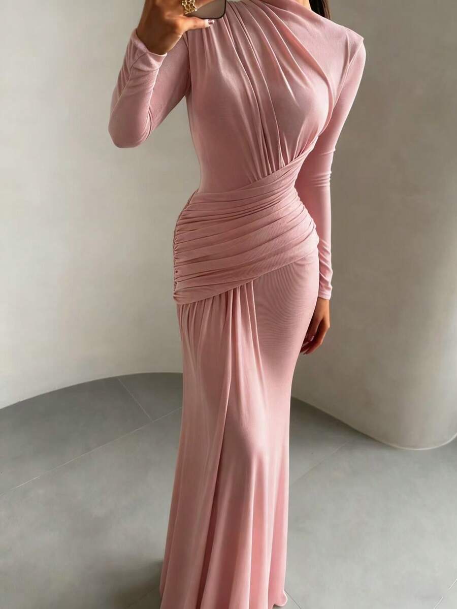 SHEIN فستان ماكسي وردي بكشكشة وأكمام طويلة وياقة دائرية
