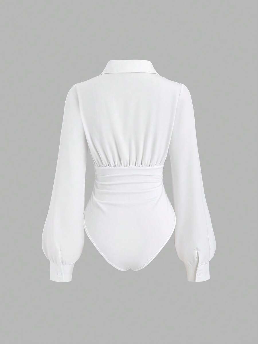 SHEIN بودي سوت نسائي أبيض بستايل قميص أنيق مع خصر مزموم