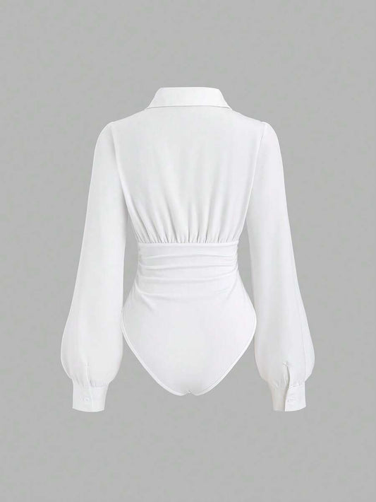 SHEIN بودي سوت نسائي أبيض بستايل قميص أنيق مع خصر مزموم