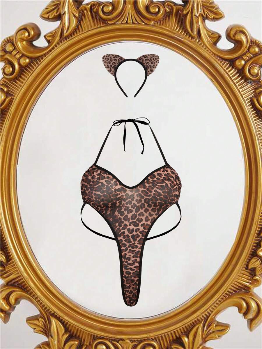 SHEIN Fantasy Costume طقم جلدي نمري قطعتان مع أذنين وبابي دول