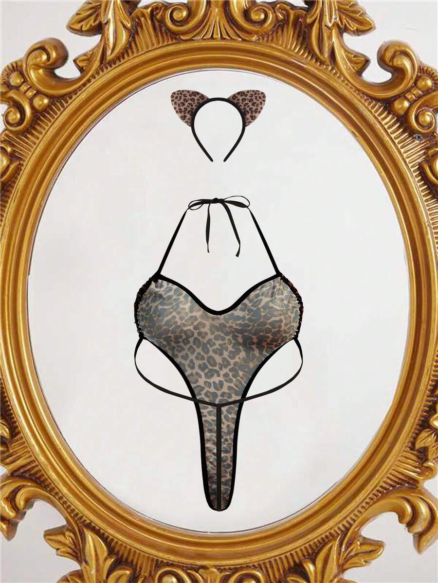 SHEIN Fantasy Costume طقم جلدي نمري قطعتان مع أذنين وبابي دول