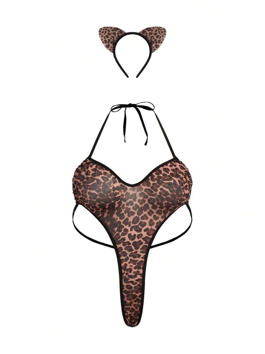 SHEIN Fantasy Costume طقم جلدي نمري قطعتان مع أذنين وبابي دول